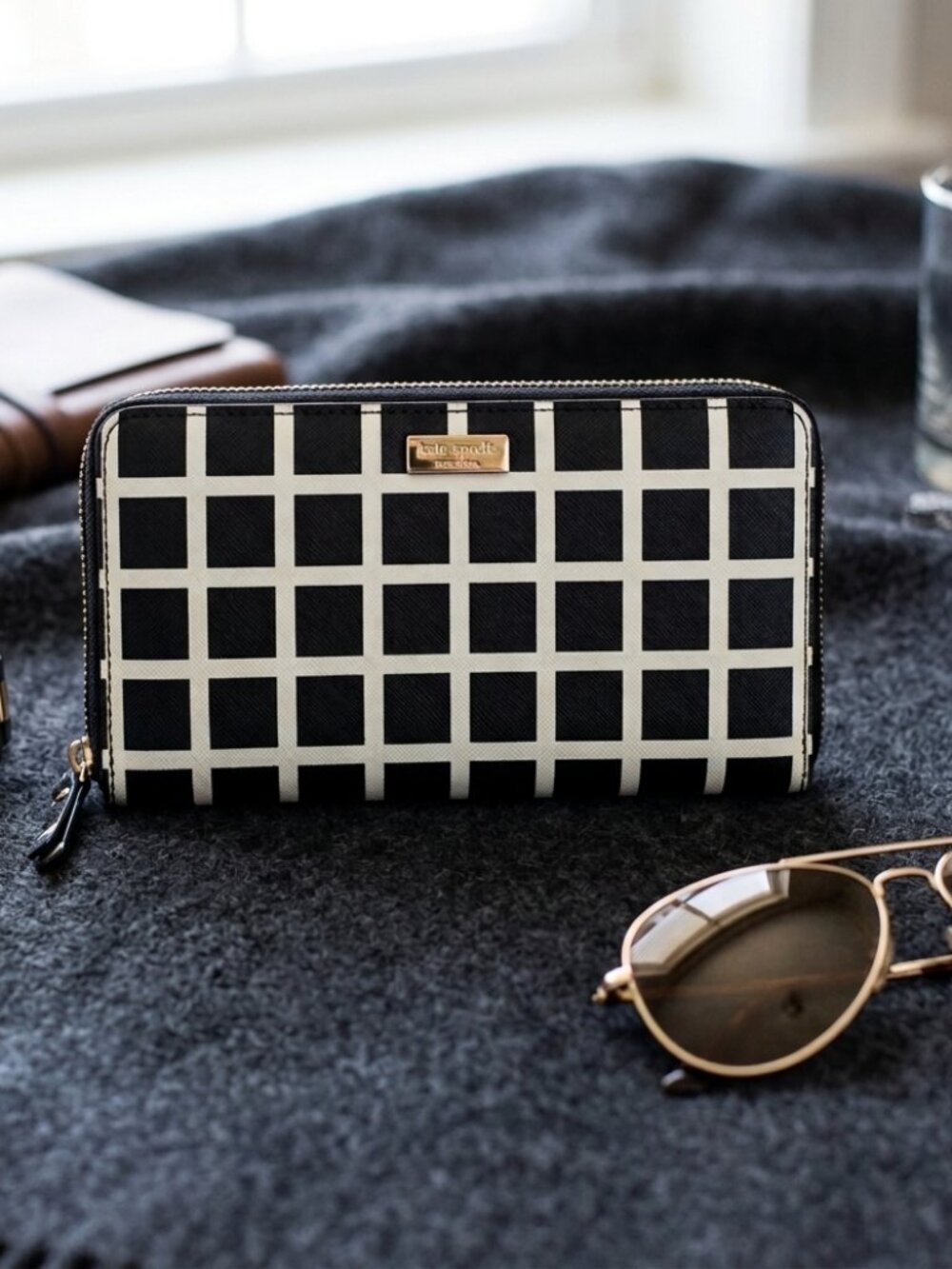 Kate Spade Black White Checkered Zip Around Continental Wallet Saffiano Leather